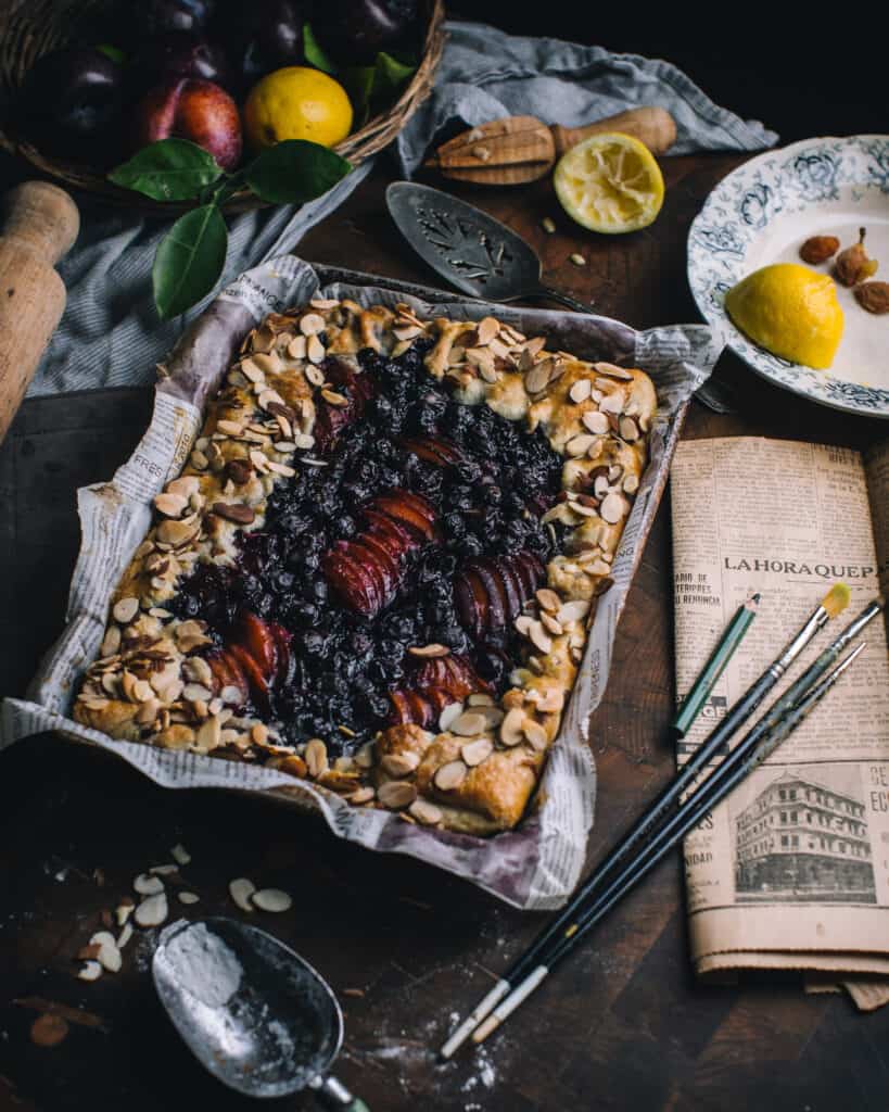 Overhead view of blueberry plum galette