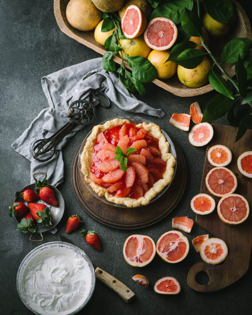 Overhead view of whole grapefruit pie