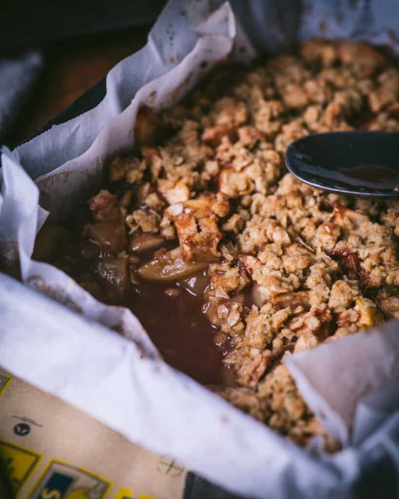 detail of dessert in baking pan