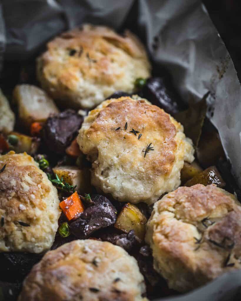 close up venison pot pie in a pan