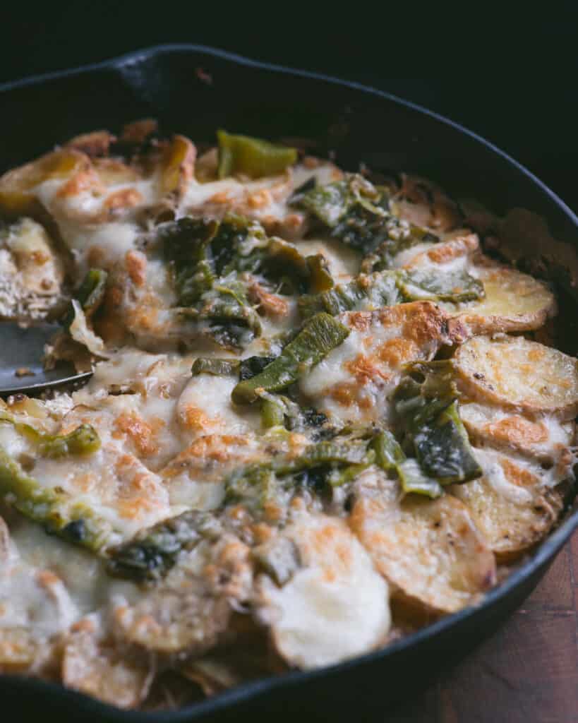 close up of skillet poblano potatoes