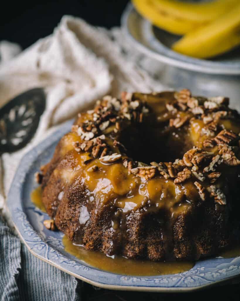 platter with ring shaped banana cake close up