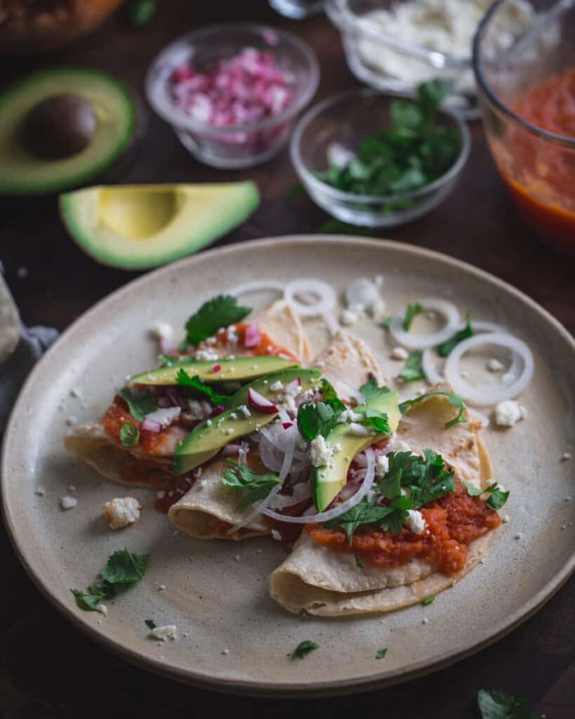 overhead view of plate of tacos