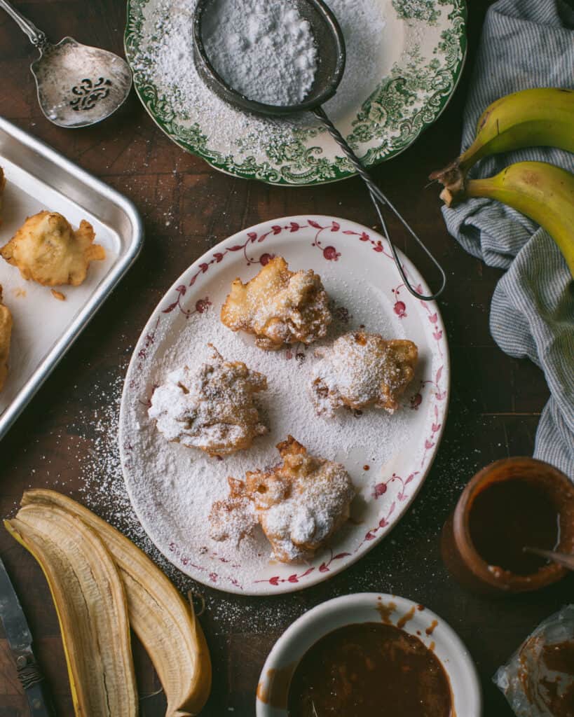 overhead view of banana fritters