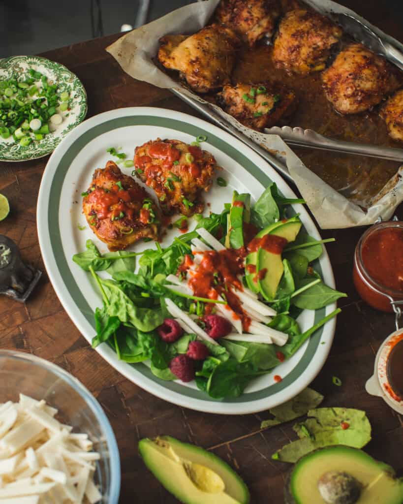 Overhead view of platter of Raspberry Chipotle Chicken with Jicama Salad