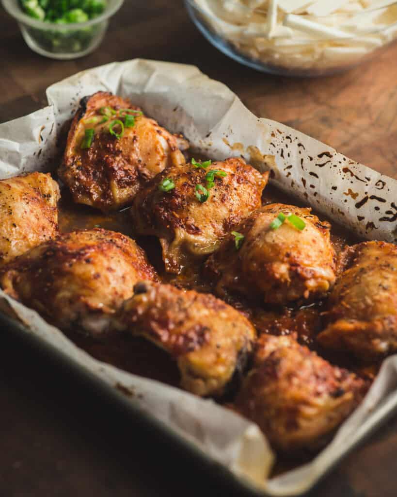 pan of roasted chicken thighs