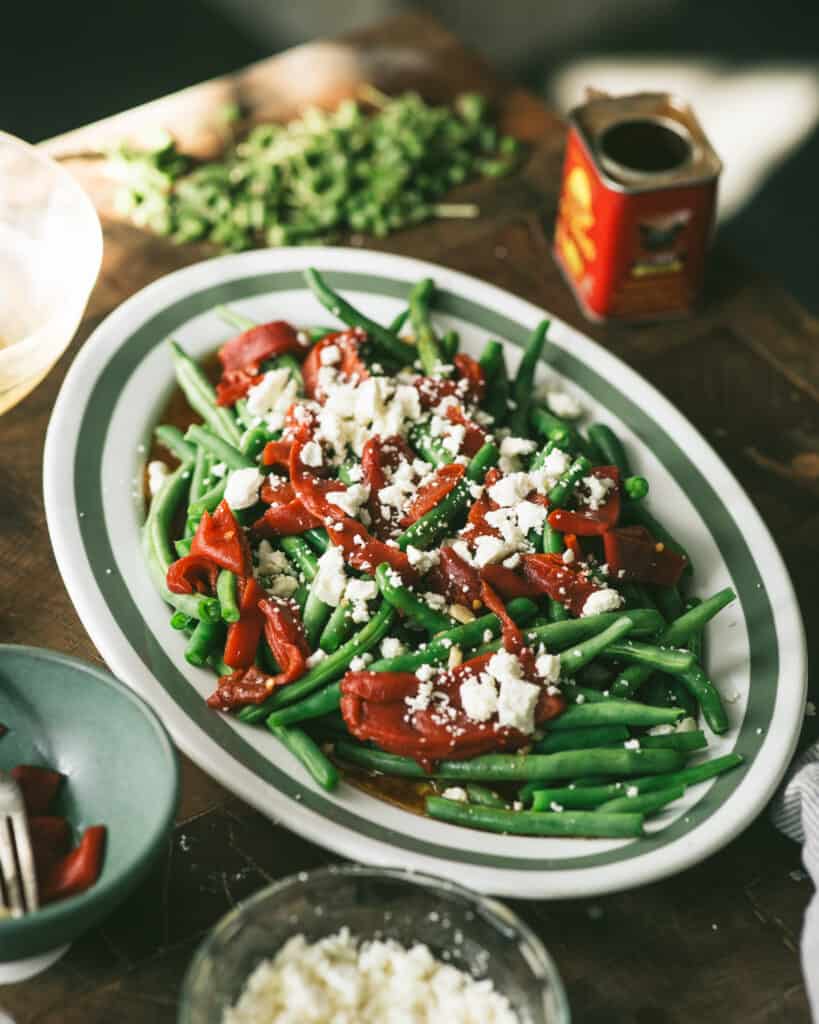 platter of string beans with piquillo peppers & Feta cheese