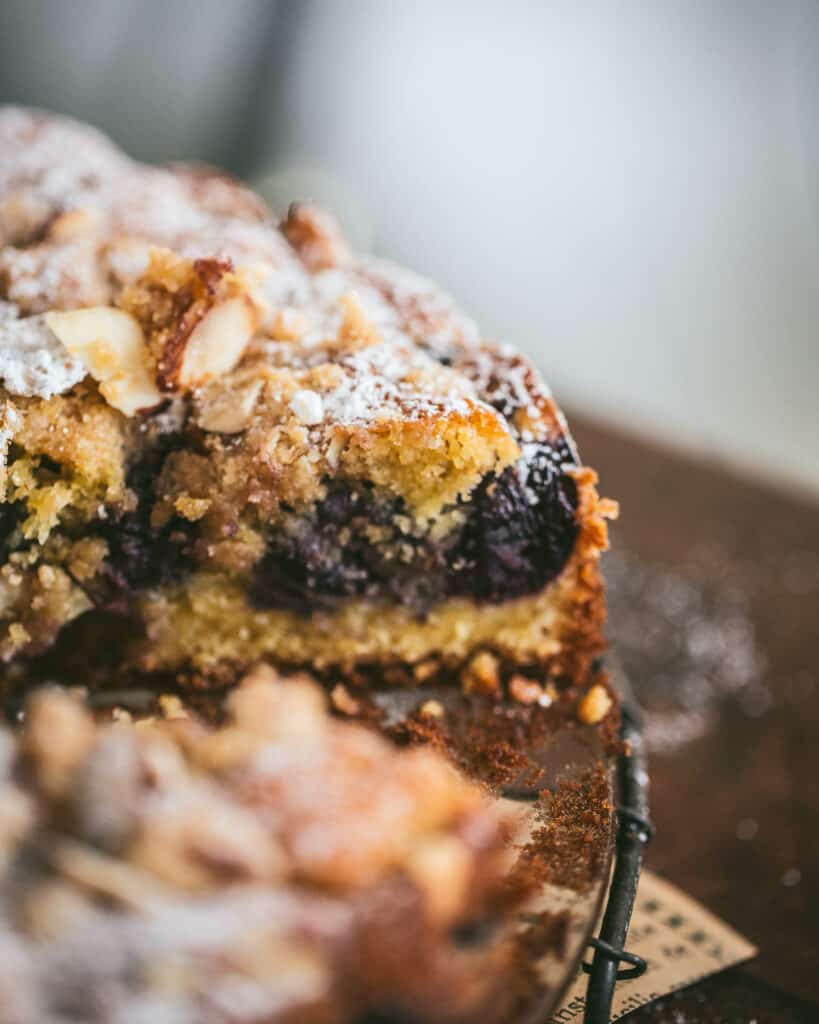 close up detail sof cherry baked into cake