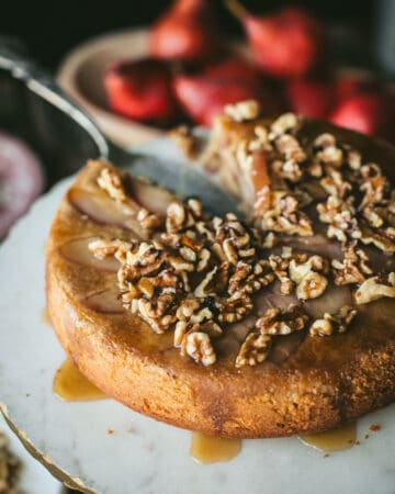 top view of honey walnut pear cake