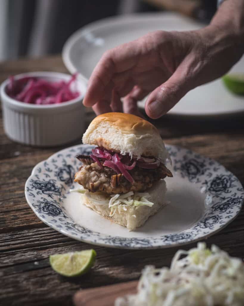 plate with Oven Fried Pecan chicken Sliders