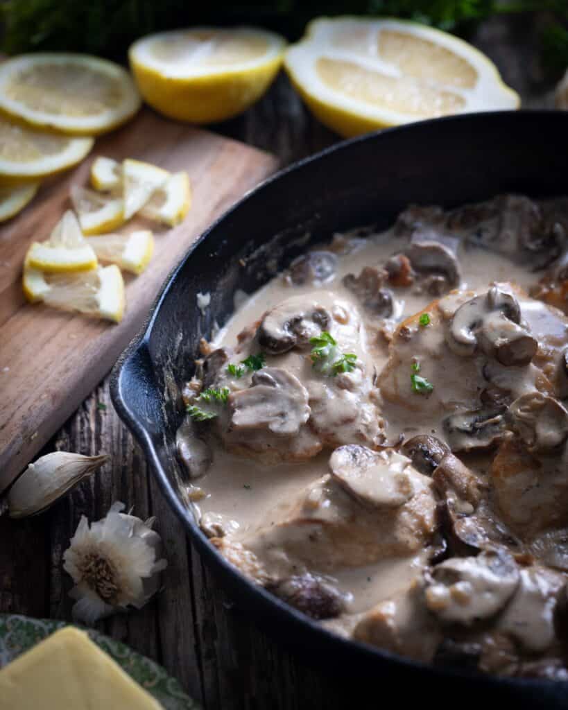 Whiskey Chicken with mushrooms on a plate
