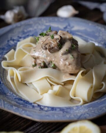 Whiskey Chicken with mushrooms on a plate