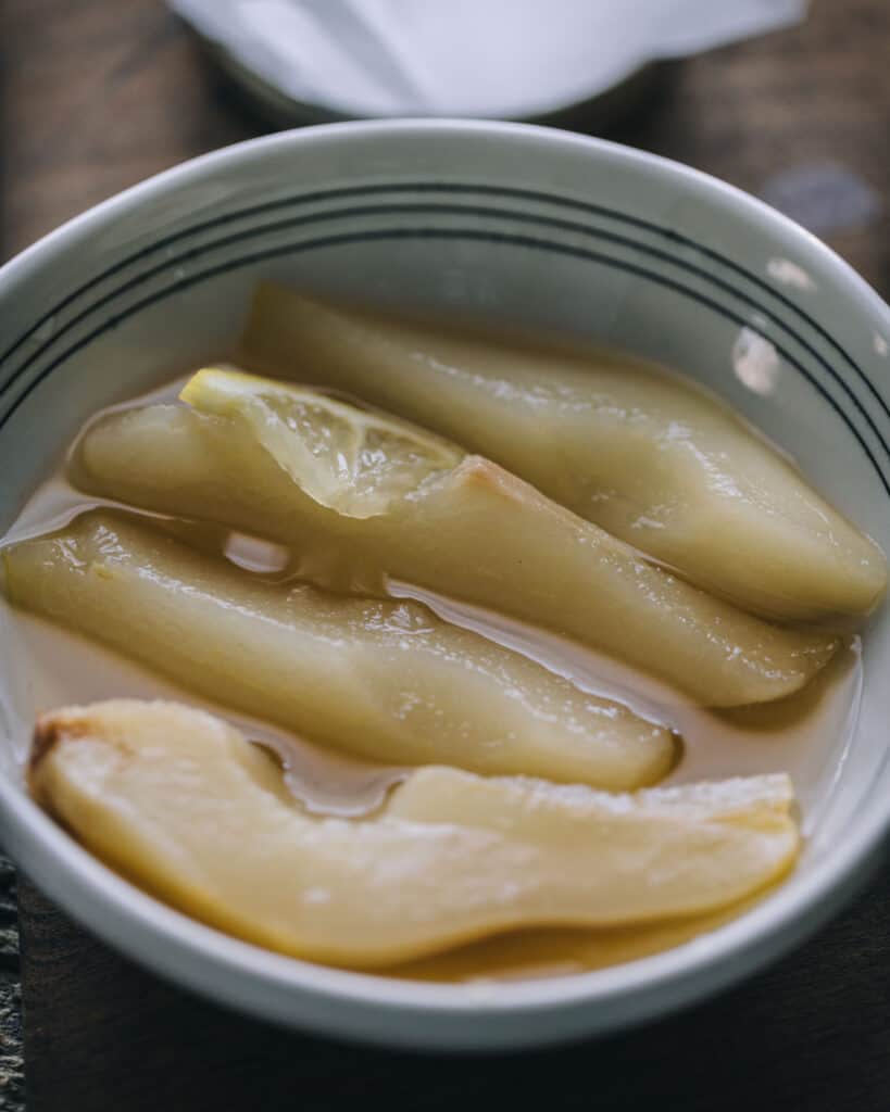 close up detail of bowl of pears