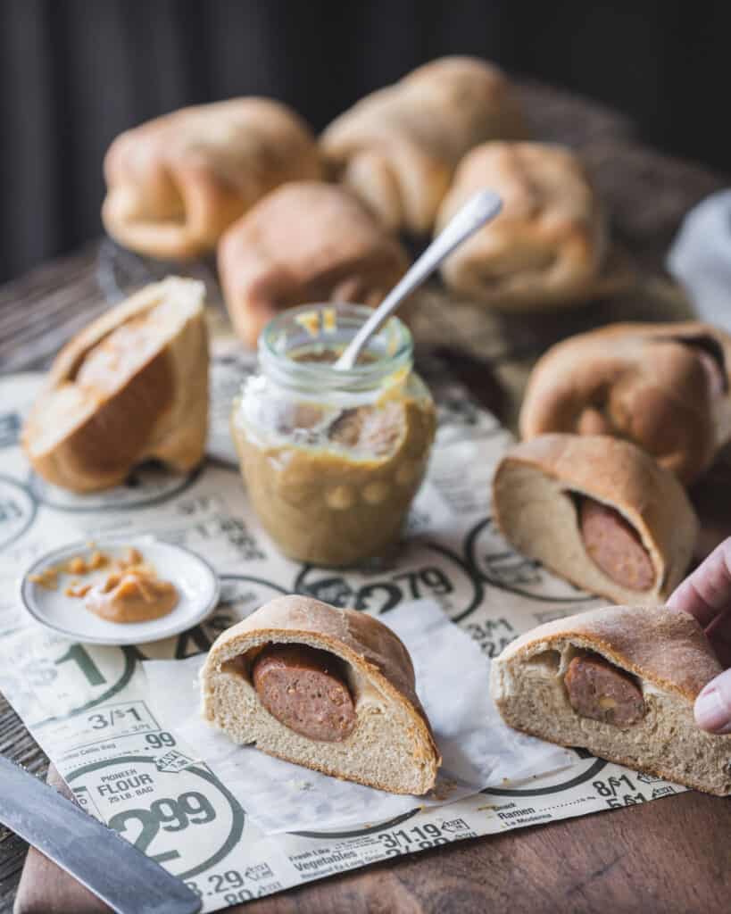 Jar of honey dijon mustard with kolaches