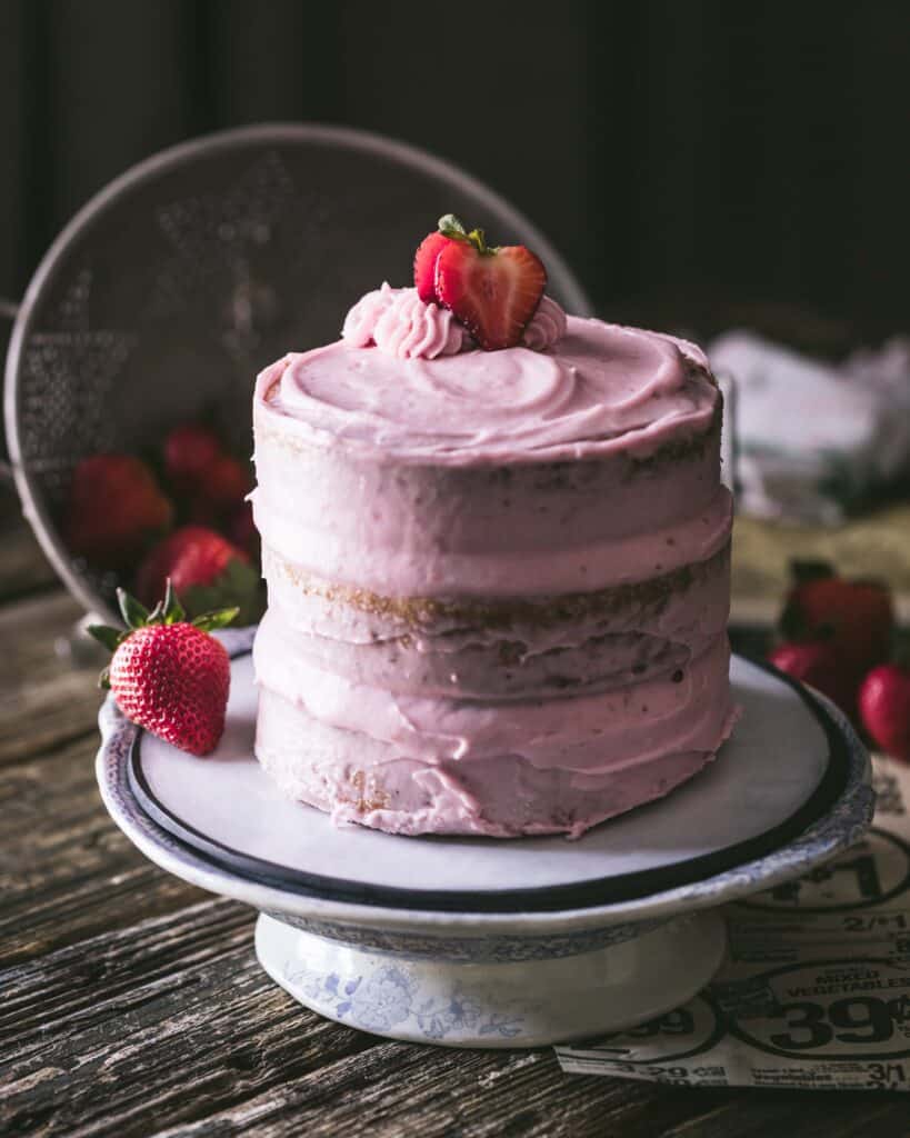 strawberry layer cake on a plate