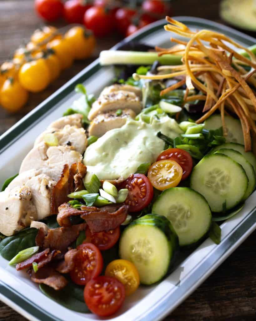 close up view of platter of salad